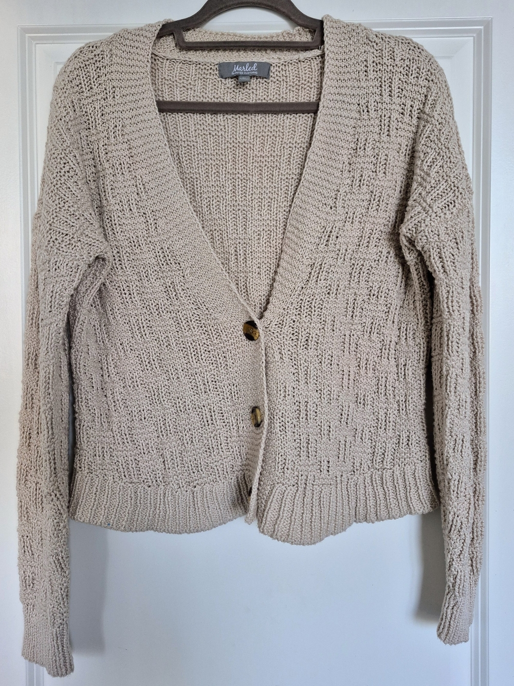Marled Beige Open-Knit V-Neck Button Cardigan